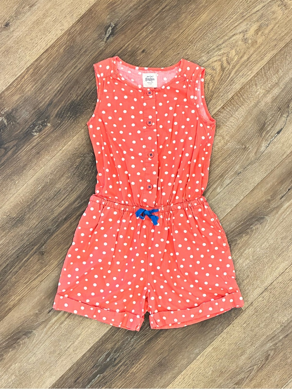 Mini Boden Coral Polkadot Romper Summer Sleeveless Play Outfit Cotton 5/6 Girl
